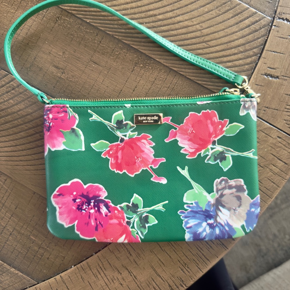 kate spade green floral wristlet with pink and blue blooms